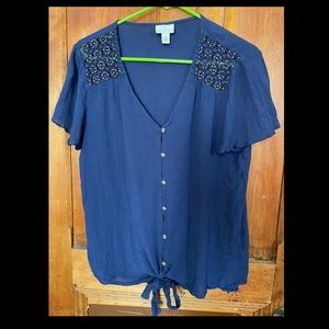 Navy Blue Blouse Lightweight Flowing St John’s Bay Beaded Large